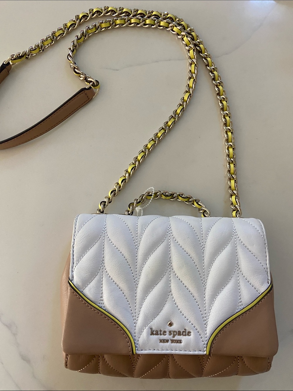 kate spade White and Tan Quilted Leather Crossbody with Gold Chain